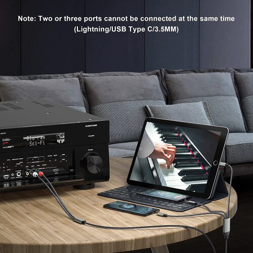 Καλώδιο ήχου 3 σε 1: Lightning-σε-RCA, RCA-σε-3,5 mm, USB-C-σε-2RCA — Συμβατό με Lightning, για ενισχυτές, 2