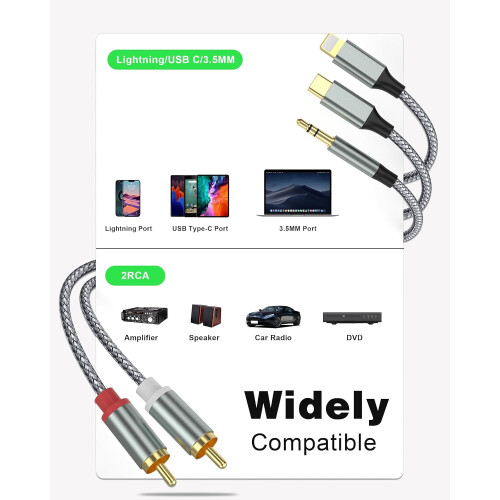 Καλώδιο ήχου 3 σε 1: Lightning-σε-RCA, RCA-σε-3,5 mm, USB-C-σε-2RCA — Συμβατό με Lightning, για ενισχυτές, 1