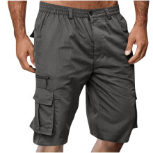 Pantalones cortos casuales para hombre, color liso, con múltiples bolsillos, cierre de botón y cremallera, cintura elástica, tallas M-3XL.