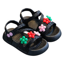 TUOBARR Sandalen für Kleinkinder – Rutschfest, weiche Sohlen, Blumendekor, Prinzessinnen-Stil, Schwarz – Passend für 5-Jährige