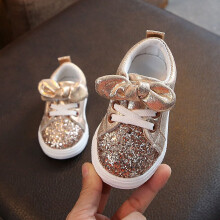 Kleinkinderschuhe im Ausverkauf, Kinderschuhe für Mädchen und Jungen, Glitzernde Pailletten-Schleifen-Sneaker mit Kristallverzierungen, Goldfarben,