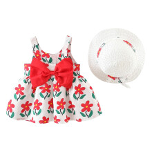 Cute Sweet Flower Print Summer Princess Dresses With Straw Hat2Piece Set Vacation Casual Sleeveless Dress