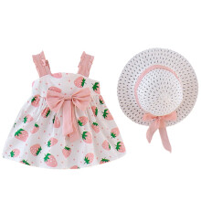 Strawberry Print Summer Princess Casual Dresses With Hat For Toddler Girls Bowknot Sleeveless Party Gift Dress Size 2-3 Years