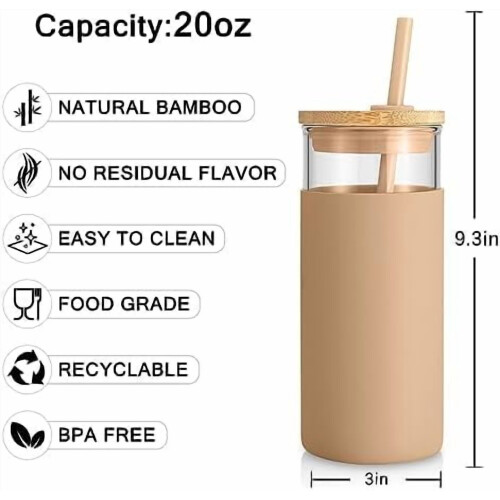 Copo de vidro borossilicato de 20 oz com tampa de bambu, canudo e 1