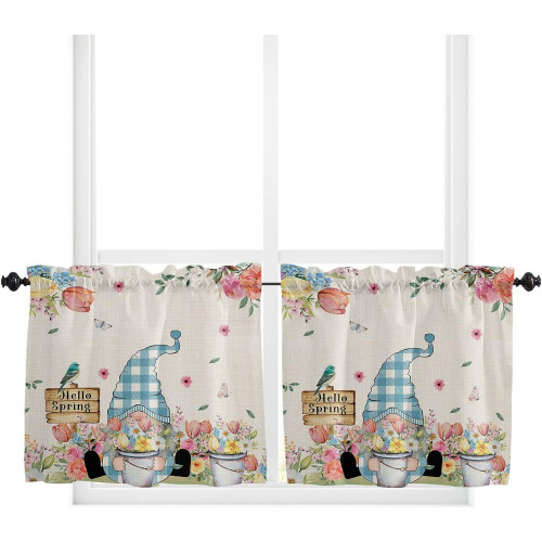 Κουρτίνα κουζίνας Hello Spring Gnome Tiers & Valance, Vintage ακουαρέλα με σχέδιο λουλουδιών και