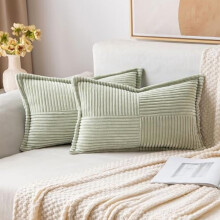 Spring Lumbar Pillow Covers 12x20", Set of 2, Light Green Boho Striped Patchwork Corduroy – Compatible with Standard Throw Pillows