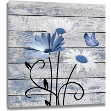 Farmhouse Floral Wall Art: Purple & White Daisy + Butterfly on Rustic Wood Canvas, Framed, Ready to Hang – 16"x12"