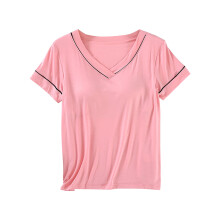 Top de pijama minimalista de manga corta con escote en V y sujetador incorporado para mujer | Tallas M-2XL | Ropa de estar por casa de nailon y