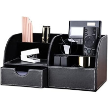 Pu Leather Desk Organizer Pen Pencil Holder Office Supplies Caddy Storage Box 6 Compartments with Drawer Black