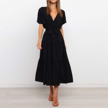 Vestido longo feminino QLEICOM com estampa floral, decote em V, manga curta, babados e cinto – Preto, tamanho M, ideal para o estilo boho.