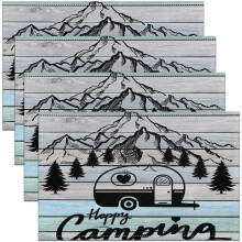Camper Kitchen Party Table Mats Set of 4, Washable Fabric Placemats with Cartoon Camping Design, Blue Wood Grain, 18"x12", Compatible with RV &