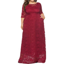 Vestido longo feminino de renda floral com mangas 2/3, ideal para festas e eventos noturnos, tamanho 5XL, vermelho.