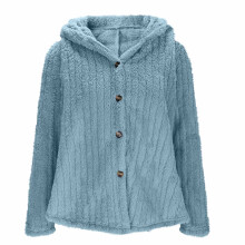 Damesjas van pluche fleece met capuchon, winterjas met drukknoopsluiting, effen kleur en thermische voering.