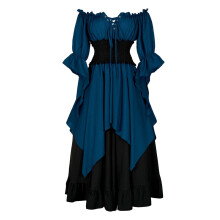 Vestido longo preto gótico vitoriano para mulheres, mangas compridas, espartilho com amarração, painéis de tule, fantasia de vampira/bruxa para o