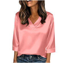 Top femme, pull décontracté ample en satin pour le printemps et l'été, manches trois-quarts et col en V, blouse confortable de couleur unie pour