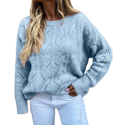 Winterstrickpullover für Damen 2025, lässiger Rundhals-Pullover mit langen Ärmeln, hellblau