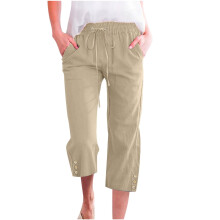 Calça Capri VERUGU Feminina, Moda Casual, Cor Sólida, Elástica, Solta, Perna Larga e Reta, com Bolso, Cáqui, Tamanho M