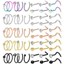 32-55 Pcs 20G Nose Rings for Women Nose Rings Hoops Nose Piercing Jewelry L Shape Nose Studs Screw CZ Nose Bone Studs Stainless Steel Body