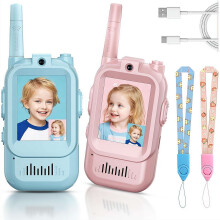 Walkie-talkies infantis com vídeo, pacote com 2 unidades, tela, recarregáveis, modificador de voz e bate-papo em tempo real — presentes para