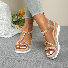Sandali con zeppa da donna, sandali da donna, sandali con zeppa casual bohémien alla moda, scarpe casual da spiaggia per donna beige 7.5