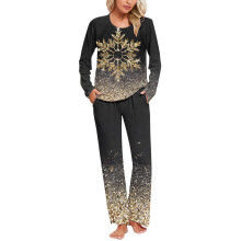 Elegante damespyjamaset met kerstsneeuwvlokkenprint, ronde hals en lange mouwen, 2-delige nachtkleding, loungewear, huiskleding, maten S-3XL