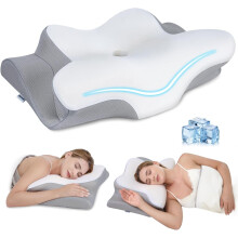 Ergonomic Cervical Neck Pillow with Memory Foam, 2 Height Options, Ice Silk Cover, for Neck/Shoulder Pain Relief & Stomach Sleepers – White