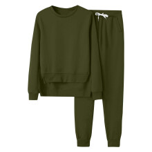 Solid Color 2-Piece Women's Sweatshirt & Sweatpant Set, Olive Green, Casual Loose Fit with Drawstring, Fall 2025