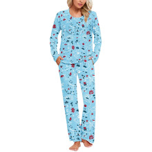 Conjunto de pijama de mujer de algodón, manga larga, dos piezas, ropa de dormir con bolsillos.