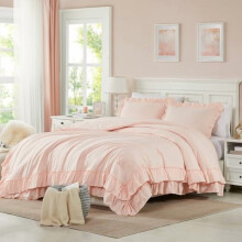 Ensemble de couette rose à volants pour lit king size, style bohème shabby chic, 3 pièces, literie légère, moelleuse et confortable, style