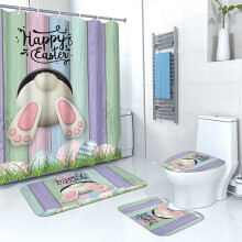 Ensemble de salle de bain 4 pièces pour Pâques : rideau de douche à motifs d’œufs de lapin (178 x 178 cm), protège-toilettes et 2 tapis de