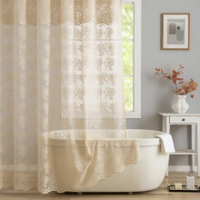 Perdea de duș din dantelă bej, 183x213 cm, model rustic modern croșetat, transparentă, cu găuri întărite, ușoară, XL, cu volan