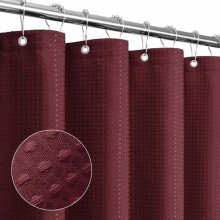 Cortina de ducha de tejido gofrado color rojo burdeos, 72x72, repelente al agua y lavable a máquina, lujo para hoteles y spas.