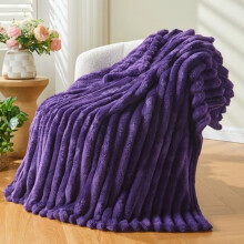Super Soft Twin Blanket Purple Premium Silky Flannel Fleece 3D Ribbed Jacquard Lightweight Bed Blanket All Season Use (Purple Ribbed, Twin(60"x80"))