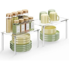 Acrylic Cabinet Organizer Shelf Set of 2 – Stackable, Clear Dish & Pantry Riser, Compatible with Standard Cabinets