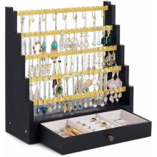 5-Layer Earring Organizer with Metal Necklace Pole, Rustic Wood Jewelry Stand (175 Holes), Compatible with Studs, Bracelets, Necklaces, Rings
