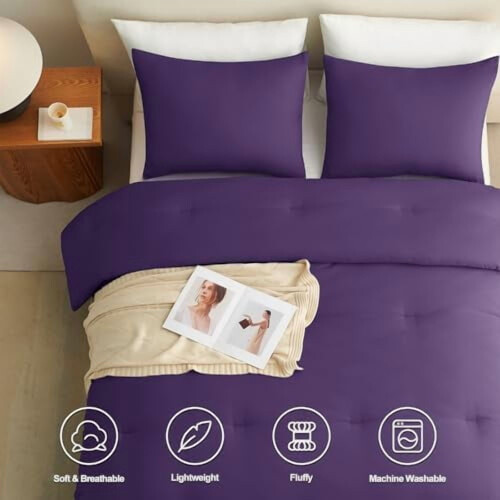 King Size Purple Comforter Set 3pcs Breathable Quilted Down 2