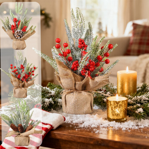 Mini Artificial Christmas Tree with Red Berries, Pinecones