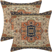 Aztec Boho Pillow Covers Set of 2, 18x18", Linen Rust Retro Carpet Pattern – Compatible with Farmhouse & Outdoor Decor