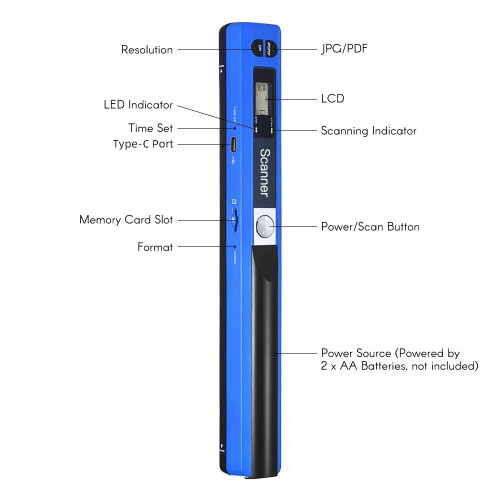 Portable Handheld Wand Scanner, A4 Size, 900DPI, LCD Screen, USB-C, Wireless – Compatible with Windows/macOS 2