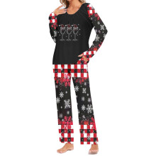 Conjunto de pijama feminino de 2 peças com tema natalino, blusa de gola redonda de manga comprida e calça. Roupa de dormir macia e festiva com