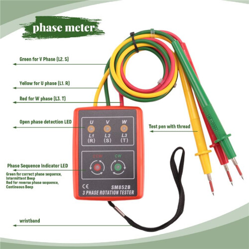 New 3 Phase Sequence Rotation Tester Indicator Detector Meter LED Buzzer with Portable Pouch TD-LED02 1