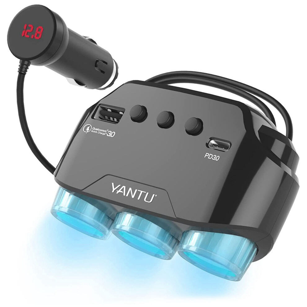 Yantu Qc3.0 120W 12V/24V 3-Socket -Cigarette Lighter Splitter Outlet Adapter With 3 Usb Car Charger, With Led Voltage Display 4711852552451