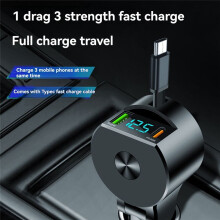 Digital Display Retractable Cable Car Charger Supports PD30W Fast Charging Super Fast Charging 3-in-1