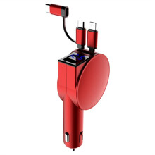 3 in 1 60W Car Charger Adapter Telescopic Cord Dual Port Two Retractable Cables LED Voltmeter for Cellphone A Red