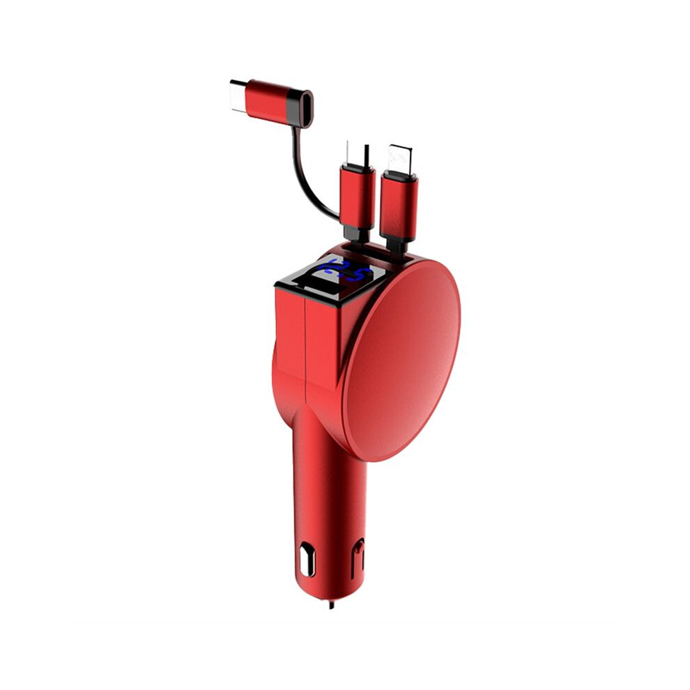3 In 1 60W Car Charger Adapter Telescopic Cord Dual Port Two Retractable Cables Led Voltmeter For Cellphone A Red 6033797284883
