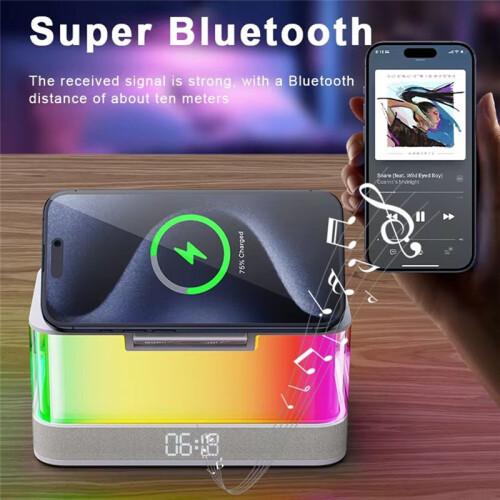 Multifunction Wireless Charger Pad Stand Speaker RGB Night Light 15W Fast Charging Station with Clock 1