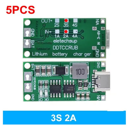5PCS 3S 2A Type-C Step- Boost LiPo Polymer Li-Ion Charger 18650 Lithium Battery 2