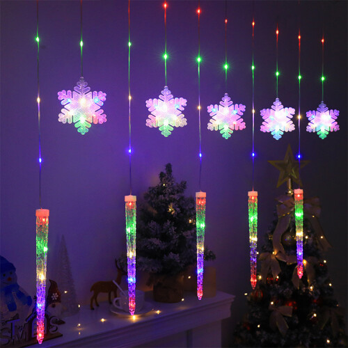(A) Christmas Curtain Lights Outdoor Icicle Snowflake Shaped Light String With Remote Control 1