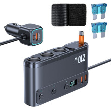 Cigarette Lighter Splitter 228W USB C Car Charger Adapter QC3.0 with PD45W Telescopic Cable LED Voltage Display 12V/24V