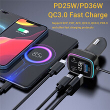 Car Charger Adapter Multiport Charger 6-Port Car Phone Adapter Voltage Display PD+QC3.0 USB+Type C